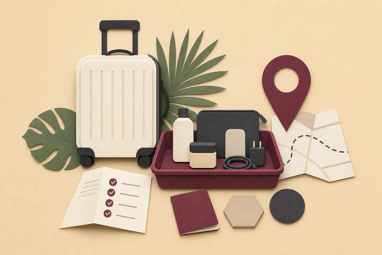 Illustration of a suitcase, inspection tray, checklist and location marker for a Vietnam trip