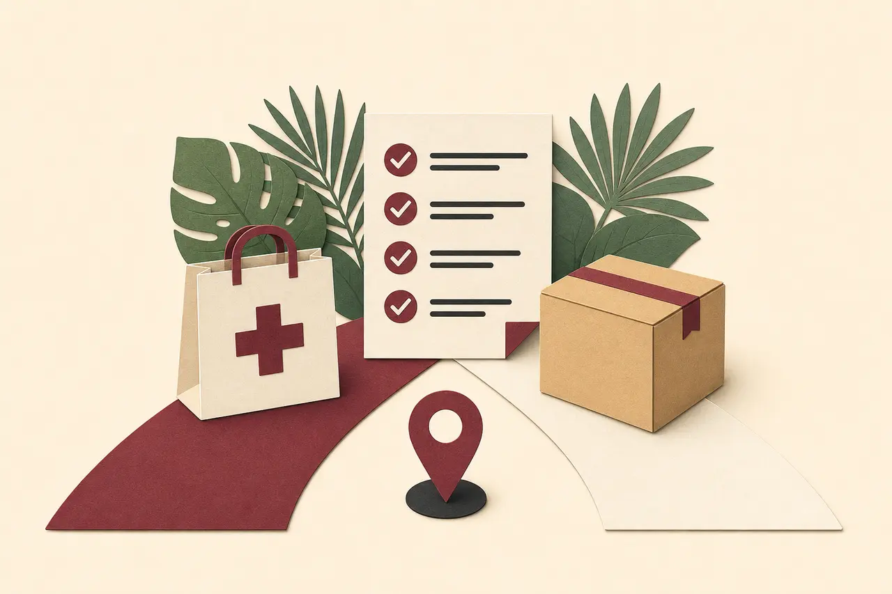 Illustration of a neutral pharmacy bag, delivery parcel, checklist and location marker in Vietnam